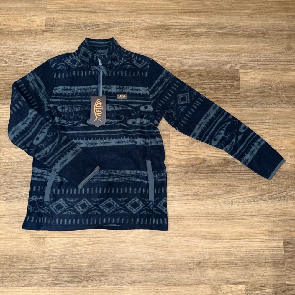AFTCO Ahoy 1/4 Zip Fleece Youth XL Navy Fishing Lure Print‎ NWT